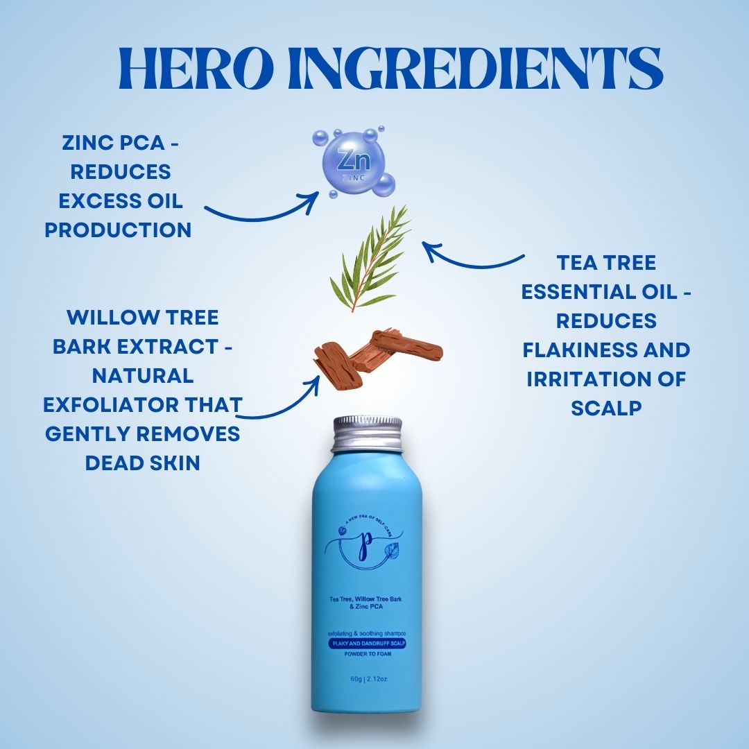 "Powder-to-foam vegan anti-dandruff shampoo with tea tree oil, salicylic acid, and zinc PCA for itchy scalp"