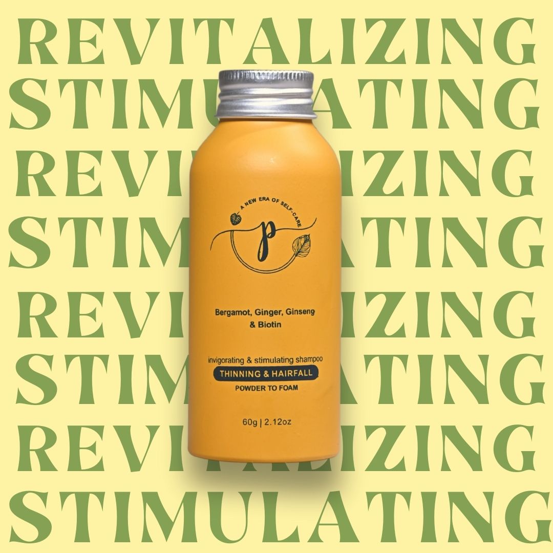 "Powder-to-foam vegan shampoo for thinning hair with bergamot and ginger to reduce hair fall and boost volume"