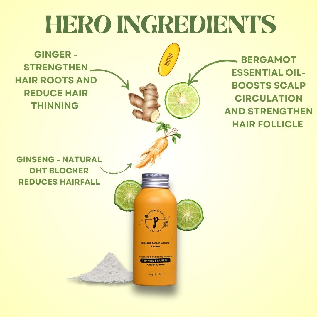"Powder-to-foam vegan shampoo for thinning hair with bergamot and ginger to reduce hair fall and boost volume"