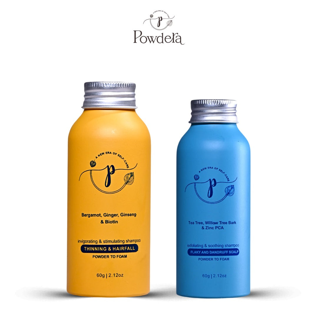 "Powdera complete care combo with powder-to-foam vegan shampoos for reducing hair fall and dandruff"