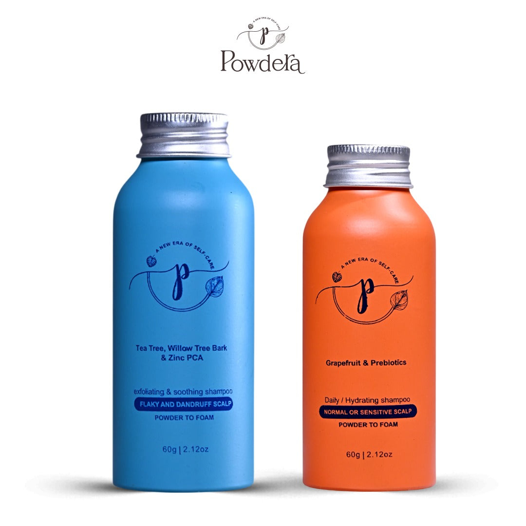 "Powdera scalp soothing combo with powder-to-foam vegan shampoo for dandruff and itchy scalp with tea tree oil and salicylic acid"