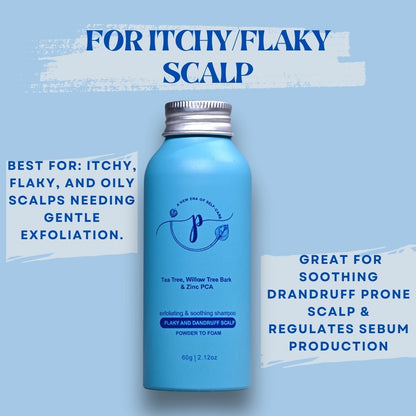 "Powder-to-foam vegan anti-dandruff shampoo with tea tree oil, salicylic acid, and zinc PCA for itchy scalp"