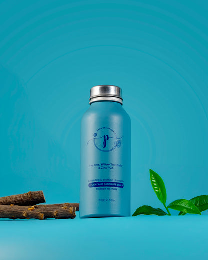 "Powder-to-foam vegan anti-dandruff shampoo with tea tree oil, salicylic acid, and zinc PCA for itchy scalp"