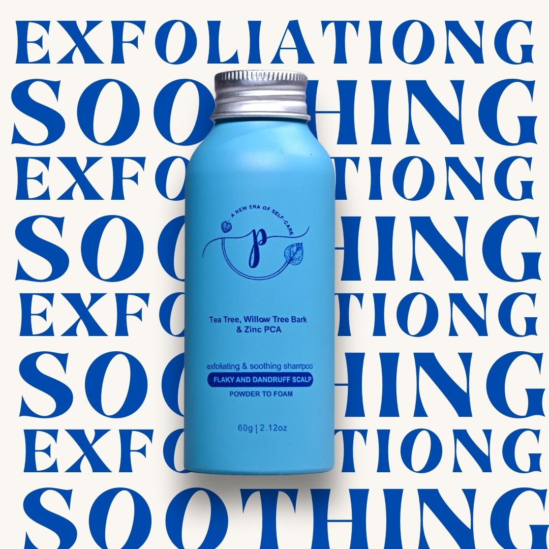 "Powder-to-foam vegan anti-dandruff shampoo with tea tree oil, salicylic acid, and zinc PCA for itchy scalp"