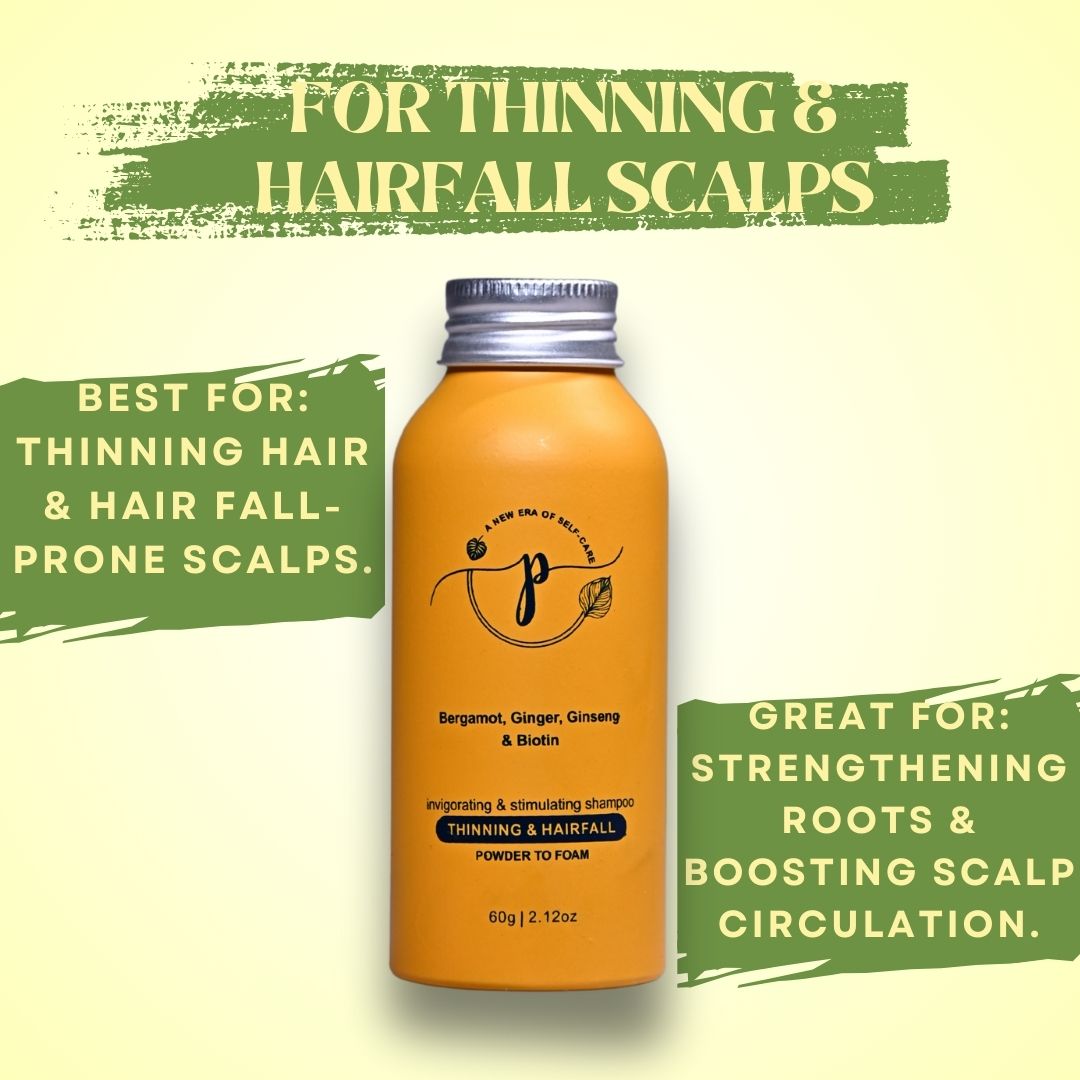 "Powder-to-foam vegan shampoo for thinning hair with bergamot and ginger to reduce hair fall and boost volume"