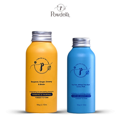 "Powdera complete care combo with powder-to-foam vegan shampoos for reducing hair fall and dandruff"